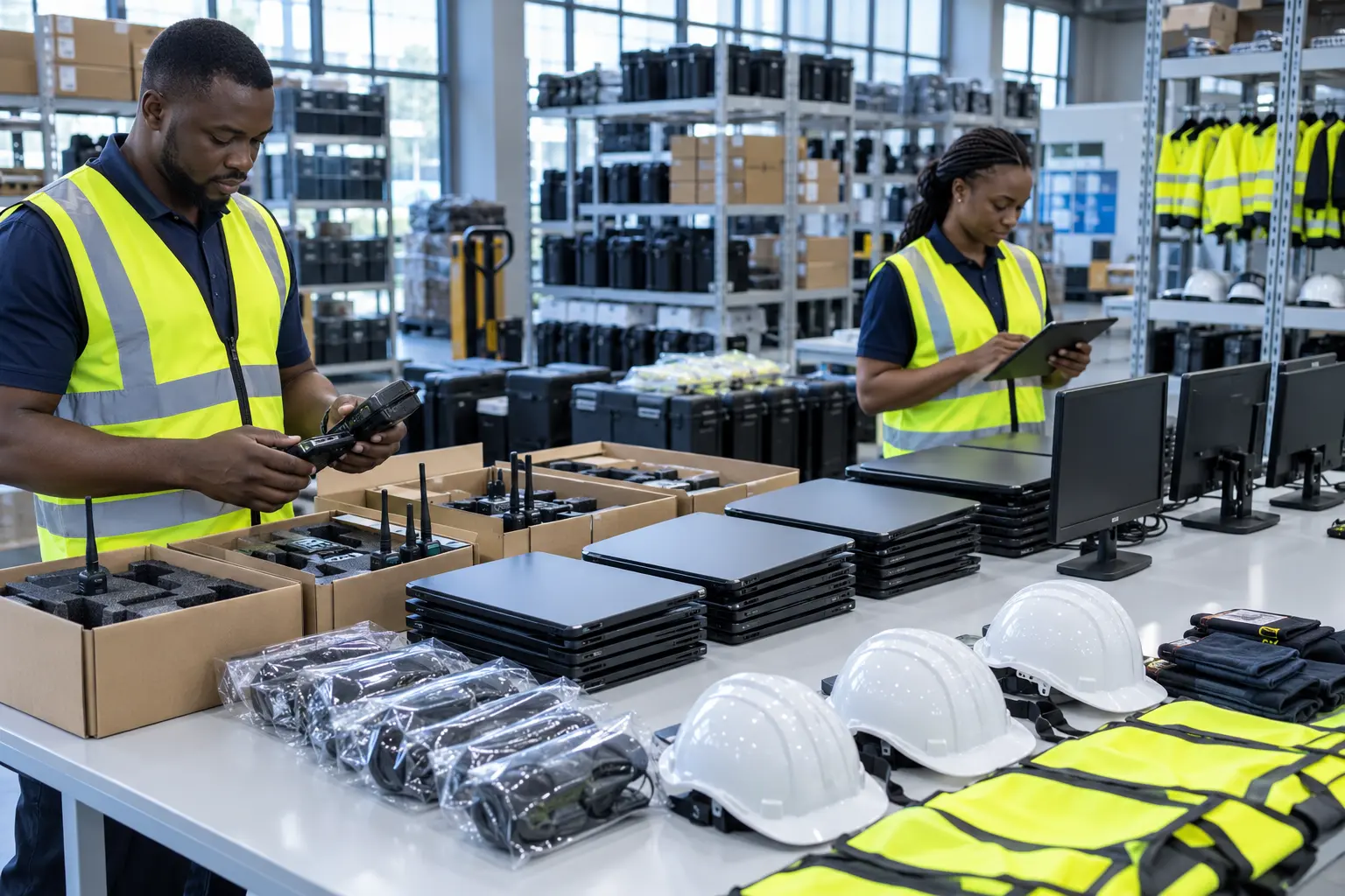Representative image of a professional team preparing technology and protective equipment