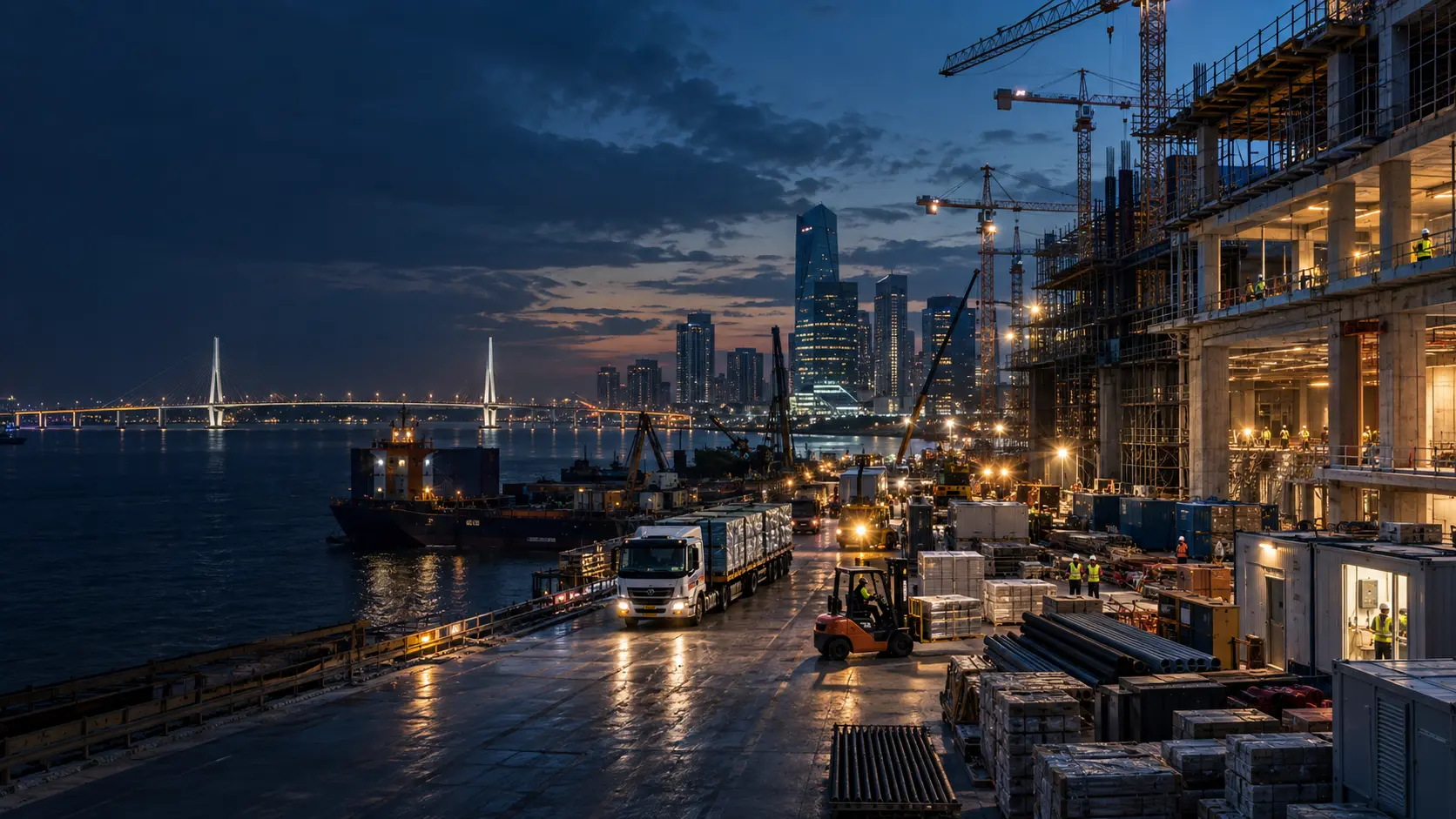 A conceptual view of coordinated construction and logistics operations at blue hour